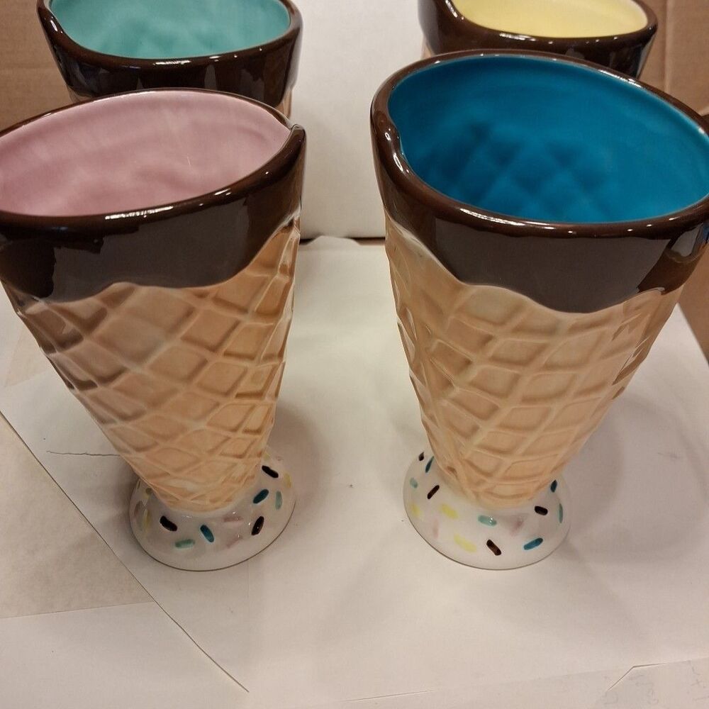 4 Vintage Pier One Imports Hand Painted Earthenware Waffle Cone Shaped Bowls